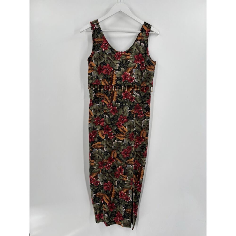 UM & Company Vintage Maxi Dress Womens 7/8 Green Multicolor Tropical Beaded